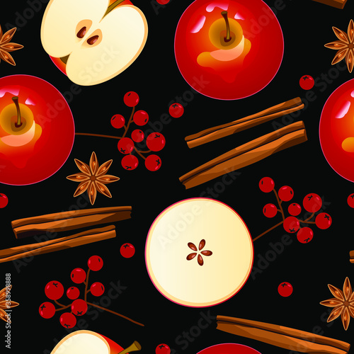 Red apples, cinnamon sticks, slices of apples, red berries on a black background, seamless pattern for your design. Background for fabric. Vector graphics