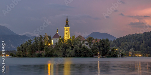 Lake bled with church in twilight