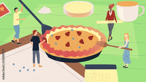 Baking Pie Or Cake Concept. Tiny Characters Decorating Huge Pie Holding Ingredients In Hands, Bringing And Putting Them On Cake. Characters Have Cooked Berry Pie. Cartoon Flat Vector Illustration