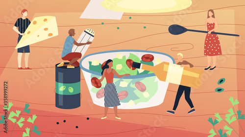 Cooking Salad Process Ang Good Nitrition Concept. Tiny Characters Decorating Huge Plate With Salad Holding Ingredients In Hands, Bringing And Putting Them In PLate. Flat Style. Vector Illustration