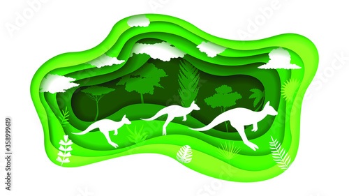 Eco Green Paper Cut Background Vector Nature Animal Clouds Forest With Kangaroo