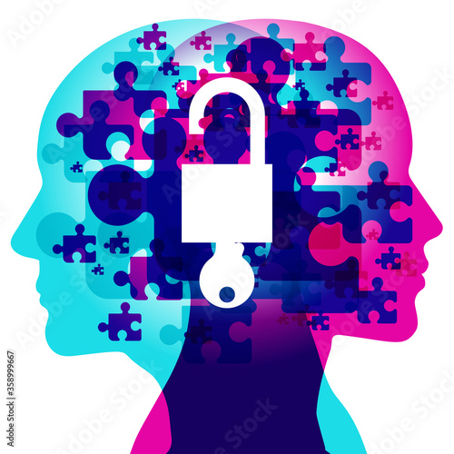 A Male and Female side silhouette profile overlaid with various blending semi-transparent jigsaw puzzle shapes. Overlaid in the centre is a solid white “Open padlock with a key” icon.