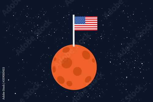 Mars landing - planet is explored and colonized by human mission by United States of America - USA. Colonization and exploration of outer space, cosmos. Vector illustration.