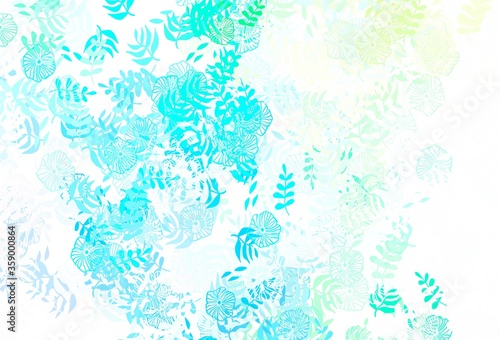 Light Blue, Green vector doodle background with leaves, flowers.