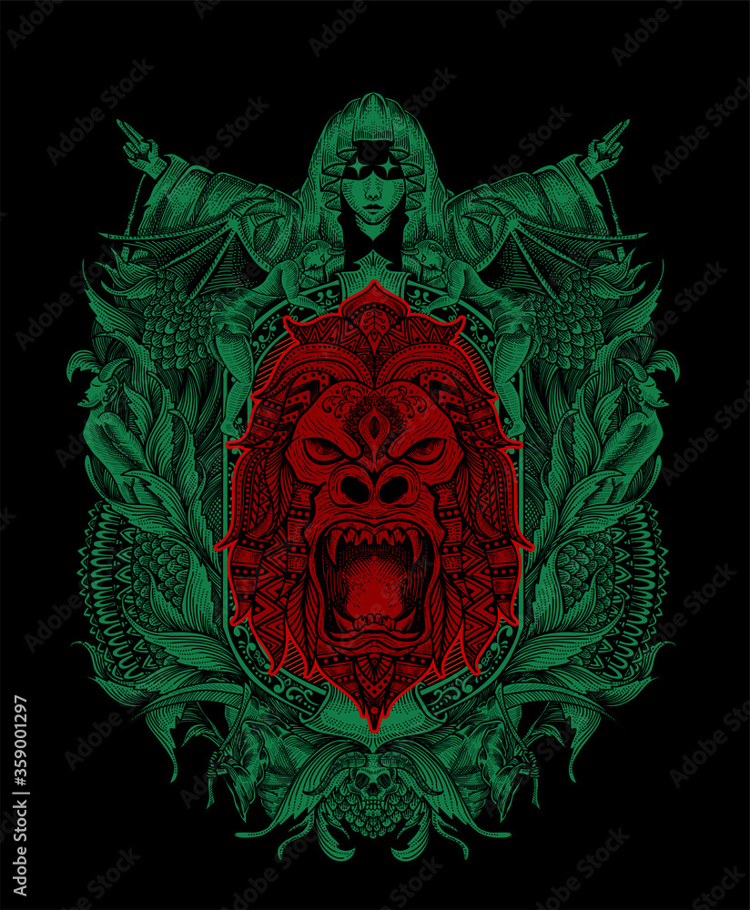 Fototapeta premium Illustration vector gorilla head angry face with engraving vintage.