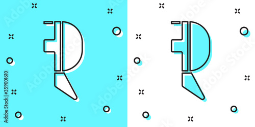 Black line Fencing helmet mask icon isolated on green and white background. Traditional sport defense. Random dynamic shapes. Vector Illustration.