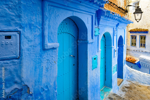 It's Blue wall of Chefchaouen, small town in northwest Morocco famous by its blue buildings © Anton Ivanov Photo