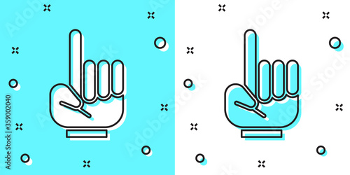Black line Number 1 one fan hand glove with finger raised icon isolated on green and white background. Symbol of team support in competitions. Random dynamic shapes. Vector Illustration.