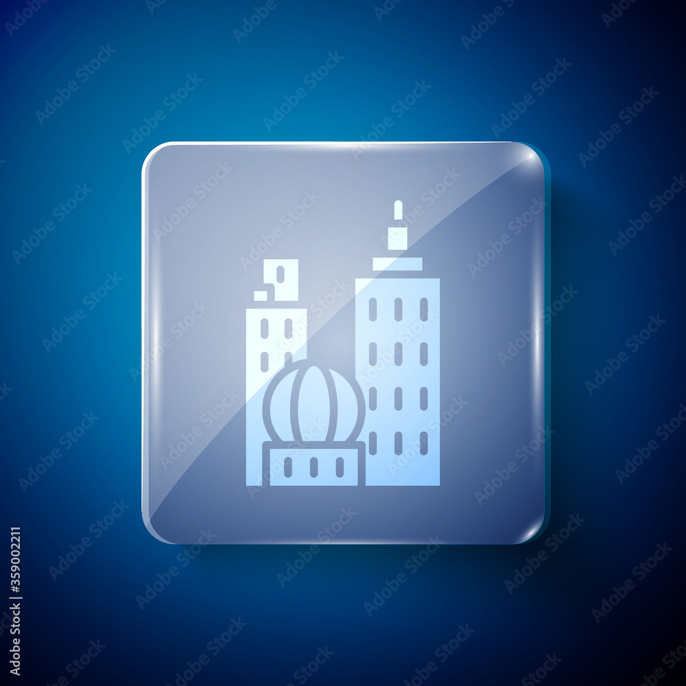 White City landscape icon isolated on blue background. Metropolis architecture panoramic landscape. Square glass panels. Vector Illustration.