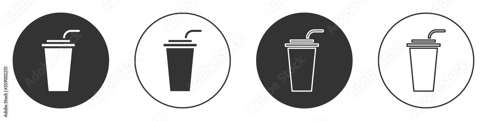Black Paper glass with drinking straw and water icon isolated on white background. Soda drink glass. Fresh cold beverage symbol. Circle button. Vector Illustration. - obrazy, fototapety, plakaty 