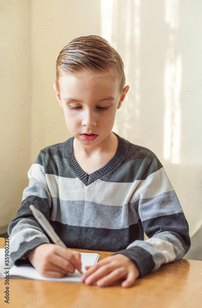little boy writes his first school assignments little boy writes his first school assignments