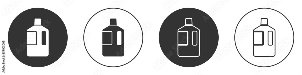 Black Big bottle with clean water icon isolated on white background. Plastic container for the cooler. Circle button. Vector Illustration. Black Big bottle with clean water icon isolated on white background. Plastic container for the cooler. Circle button. Vector Illustration.