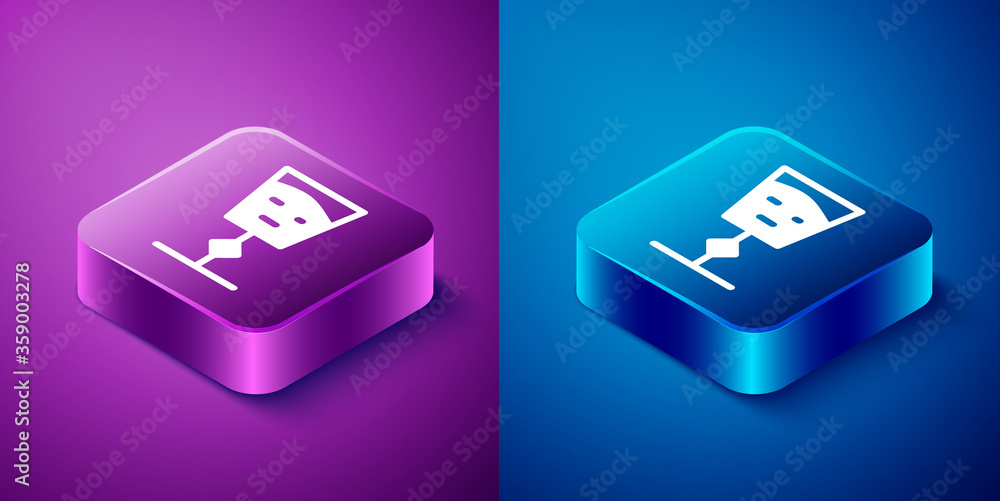 Isometric Wine glass icon isolated on blue and purple background. Wineglass sign. Square button. Vector Illustration. Isometric Wine glass icon isolated on blue and purple background. Wineglass sign. Square button. Vector Illustration.