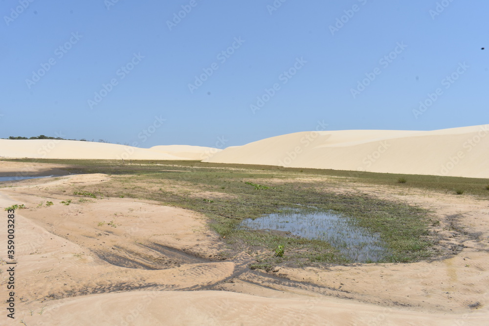 Sand and grass dunes with small lagoon in the middle, barreirinhas