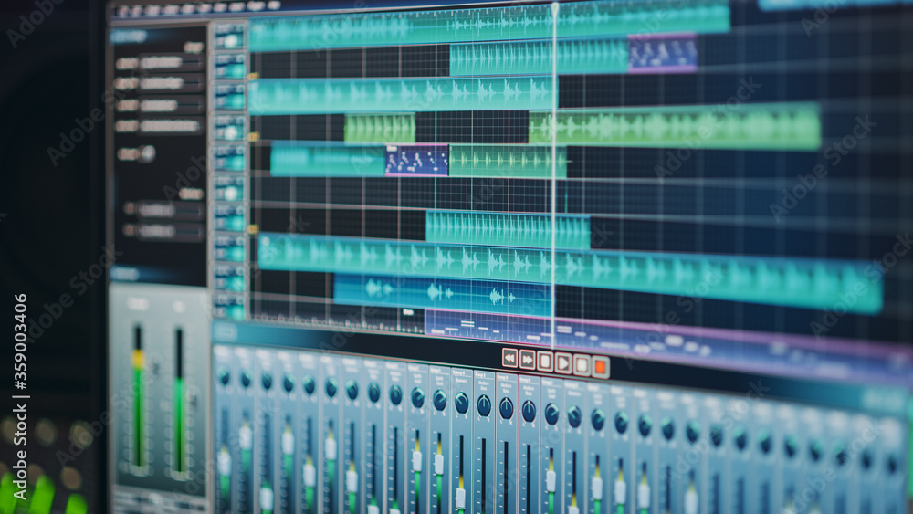 Modern Music Recording Studio Equipment: Computer Screen Showing User  Interface of DAW Digital Audio Workstation Software with Track Song  Playing. Sound and Music Recording and Editing Application Stock Photo |  Adobe Stock