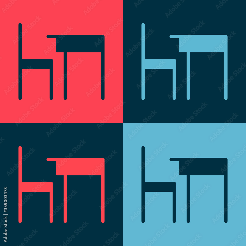 Pop art School table and chair of classroom icon isolated on color background. School desk. Vector Illustration. Pop art School table and chair of classroom icon isolated on color background. School desk. Vector Illustration.