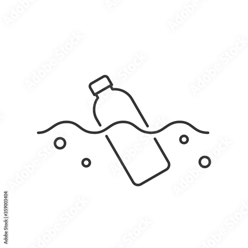 Bottle floats in an ocean or a river. Plastic pollution concept. Environmental problem, microplastics in water. Thin line icon. Black outline on white background. Vector illustration, flat, clip art.