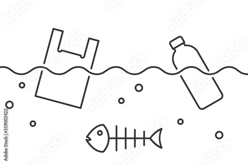 Plastic bag and plastic bottle next to dead fish in the water. Plastic pollution concept. Poisoned sea animals due to toxic waste. Black line icon on white bkg. Vector illustration, flat, clip art. 