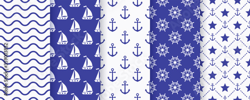 Nautical seamless pattern. Sea navy blue backgrounds with yacht, anchor, star, waves and wheel. Vector. Set marine textures. Geometric print for baby shower, scrapbooking. Monochrome illustration