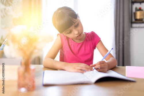 Фотография concentrated and diligent girl doing homework at home