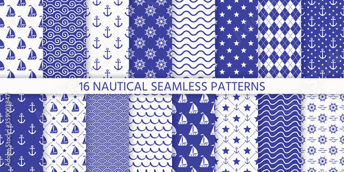 Nautical seamless pattern. Sea navy blue backgrounds with yacht, anchor, star, waves, wheels. Vector. Set marine summer textures. Geometric print for baby shower, scrapbooking. Monochrome illustration