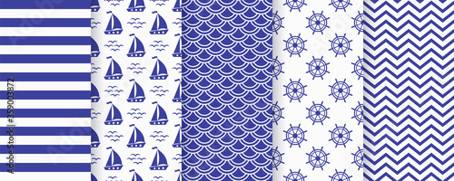 Nautical seamless pattern. Sea navy blue backgrounds with sailboat, waves, zigzag, stripe and wheel. Vector. Set marine textures. Geometric print for baby shower, scrapbooking. Monochrome illustration