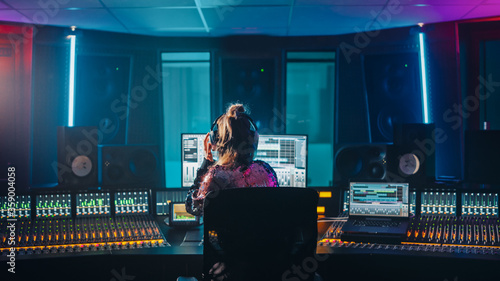 Stylish Artist, Musician, Audio Engineer, Producer Takes Place at His Control Desk in Music Record Studio, Uses Computer Screen show User Interface of DAW Software with Song Playing. Back View photo