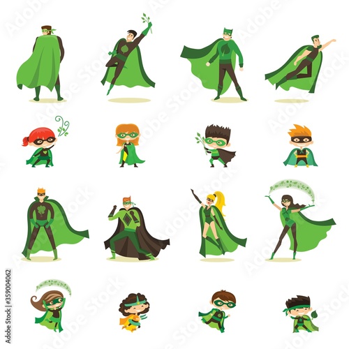 Vector illustration of kid and adult eco superheros in funny comics costume isolated on the white background