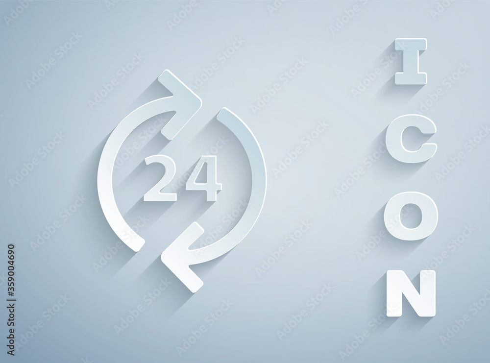 Paper cut Telephone 24 hours support icon isolated on grey background. All-day customer support call-center. Full time call services. Paper art style. Vector Illustration. Paper cut Telephone 24 hours support icon isolated on grey background. All-day customer support call-center. Full time call services. Paper art style. Vector Illustration.