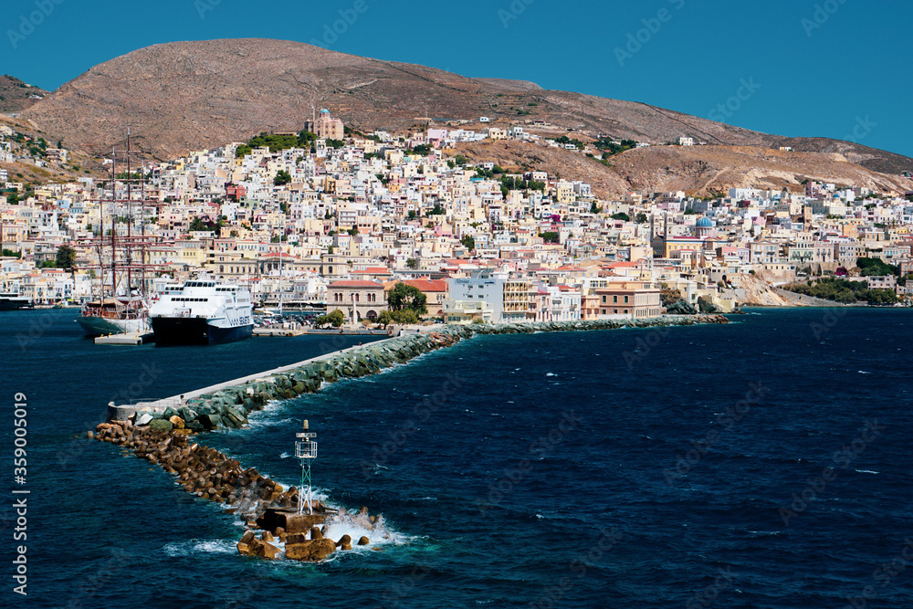 Syros cityscape from the port while arriving at the island