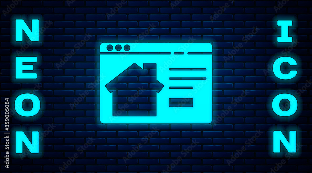 Glowing neon Online real estate house in browser icon isolated on brick wall background. Home loan concept, rent, buy, buying a property. Vector Illustration. Glowing neon Online real estate house in browser icon isolated on brick wall background. Home loan concept, rent, buy, buying a property. Vector Illustration.