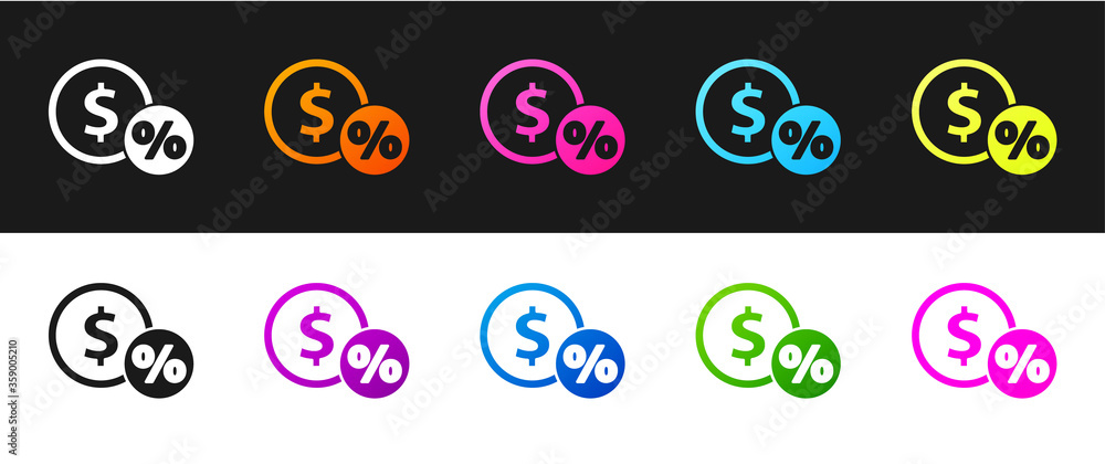 Set Money coin with percent icon isolated on black and white background. Cash Banking currency sign. Vector Illustration.