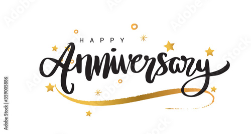 Happy Anniversary lettering text banner, greeting card scratched calligraphy black text word gold stars. Hand drawn invitation. Handwritten modern brush lettering white background.