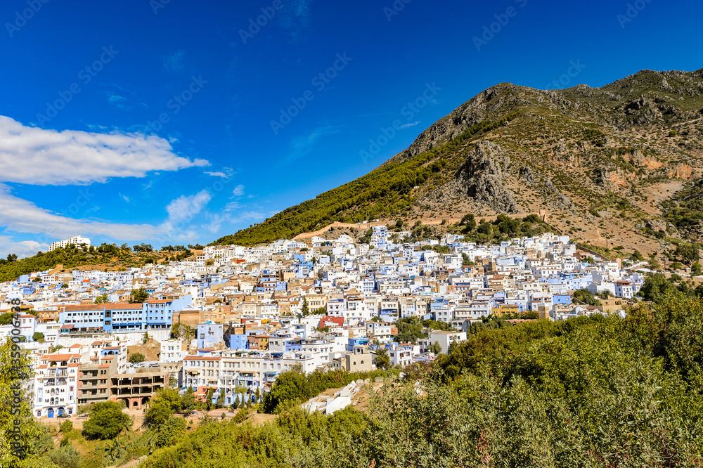 It's Panoramic view of the Chefchaouen, small town in northwest Morocco famous by its blue buildings
