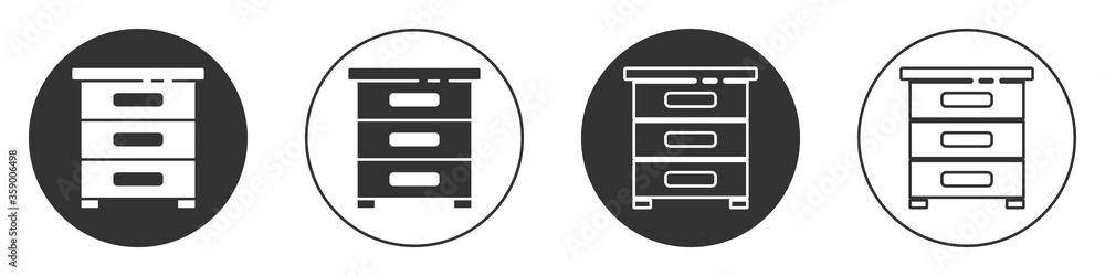 Black Drawer with documents icon isolated on white background. Archive papers drawer. File Cabinet Drawer. Office furniture. Circle button. Vector Illustration. Black Drawer with documents icon isolated on white background. Archive papers drawer. File Cabinet Drawer. Office furniture. Circle button. Vector Illustration.