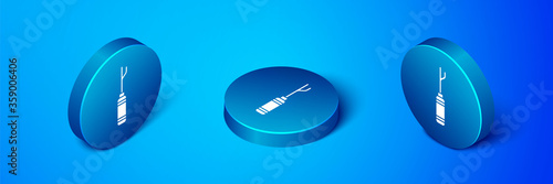 Isometric Awl tool with wooden handle icon isolated on blue background. Work equipment tailor industry. Blue circle button. Vector Illustration.