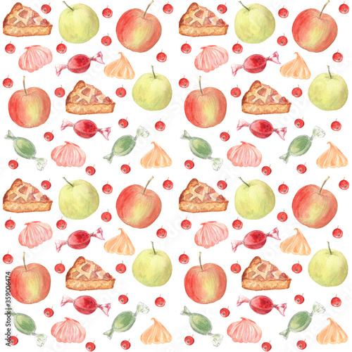 Fototapeta Naklejka Na Ścianę i Meble -  Seamless pattern with apply pie piece, apples, marshmallows, candies and berries on a white isolated background. Festive and joyful artwork. Watercolor illustration. 