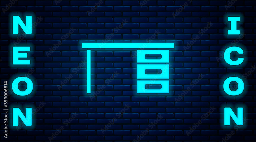Glowing neon Office desk icon isolated on brick wall background. Vector Illustration. Glowing neon Office desk icon isolated on brick wall background. Vector Illustration.