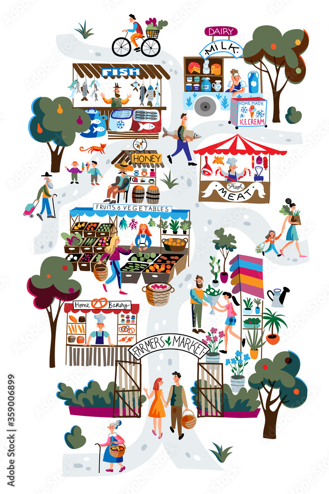 Naklejka premium Seasonal outdoor farmers market. Buyers and sellers on local marketplace. People selling and shopping fresh milk, meat, fruits, vegetables, bakery. Retail business, bazaar vector concept.