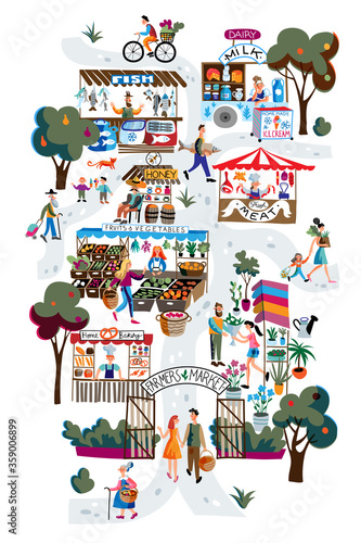 Seasonal outdoor farmers market. Buyers and sellers on local marketplace. People selling and shopping fresh milk, meat, fruits, vegetables, bakery. Retail business, bazaar vector concept.