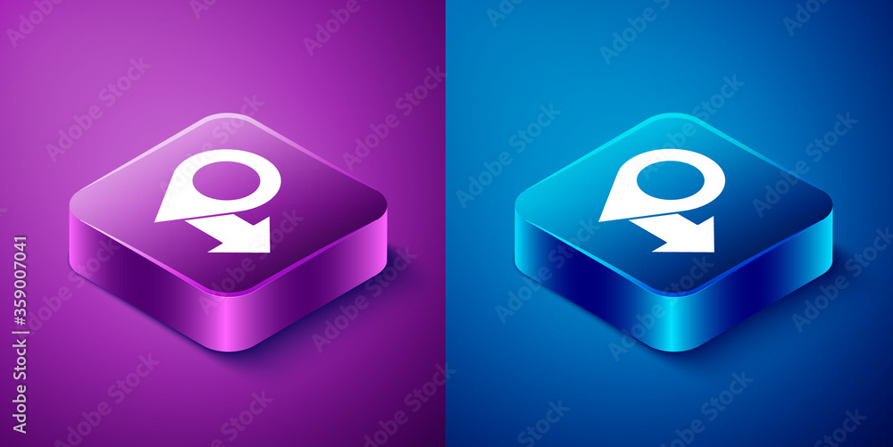 Isometric Map pin icon isolated on blue and purple background. Navigation, pointer, location, map, gps, direction, place, compass, search concept. Square button Vector Illustration Isometric Map pin icon isolated on blue and purple background. Navigation, pointer, location, map, gps, direction, place, compass, search concept. Square button Vector Illustration