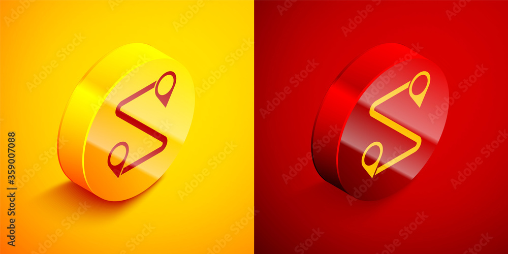 Isometric Route location icon isolated on orange and red background. Map pointer sign. Concept of path or road. GPS navigator. Circle button. Vector Illustration. Isometric Route location icon isolated on orange and red background. Map pointer sign. Concept of path or road. GPS navigator. Circle button. Vector Illustration.