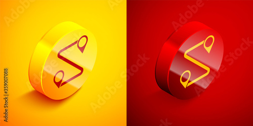 Isometric Route location icon isolated on orange and red background. Map pointer sign. Concept of path or road. GPS navigator. Circle button. Vector Illustration.