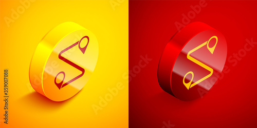Free Download Isometric Route location icon isolated on orange and red background. Map pointer sign. Concept of path or road. GPS navigator. Circle button. Vector Illustration. - GFXLoad