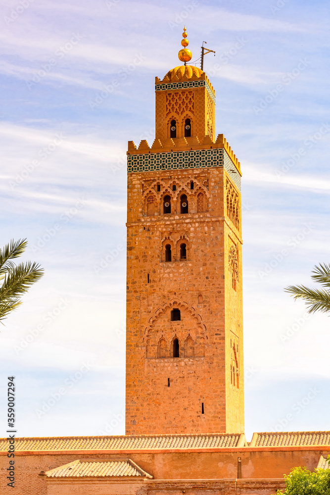 It's Minaret of the Koutoubia Mosque of Marrakesh, Morocco. It is the capital city of the mid-southwestern region of Marrakesh-Asfi.