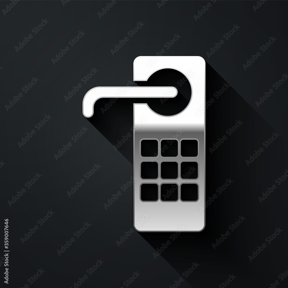 Silver Digital door lock with wireless technology for unlock icon isolated on black background. Door handle sign. Security smart home. Long shadow style. Vector Illustration. Silver Digital door lock with wireless technology for unlock icon isolated on black background. Door handle sign. Security smart home. Long shadow style. Vector Illustration.
