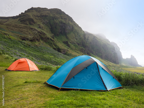 Wild camping. Tents in icelandic mountains
