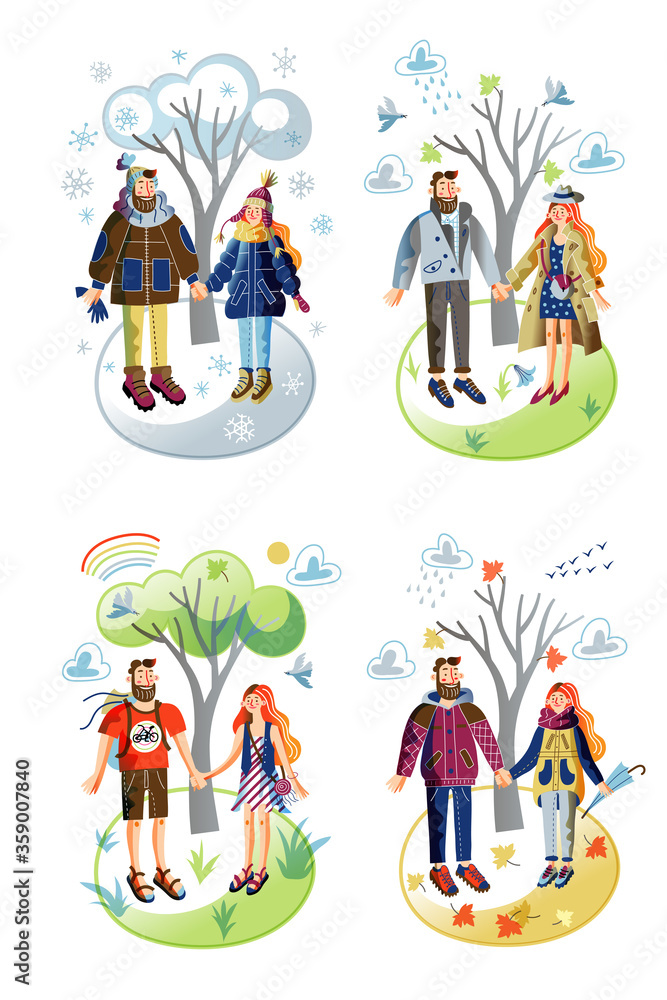 Vector character illustration cute couple in four seasons