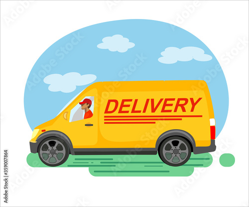 Fast delivery by truck, against.  Flat vector illustration.