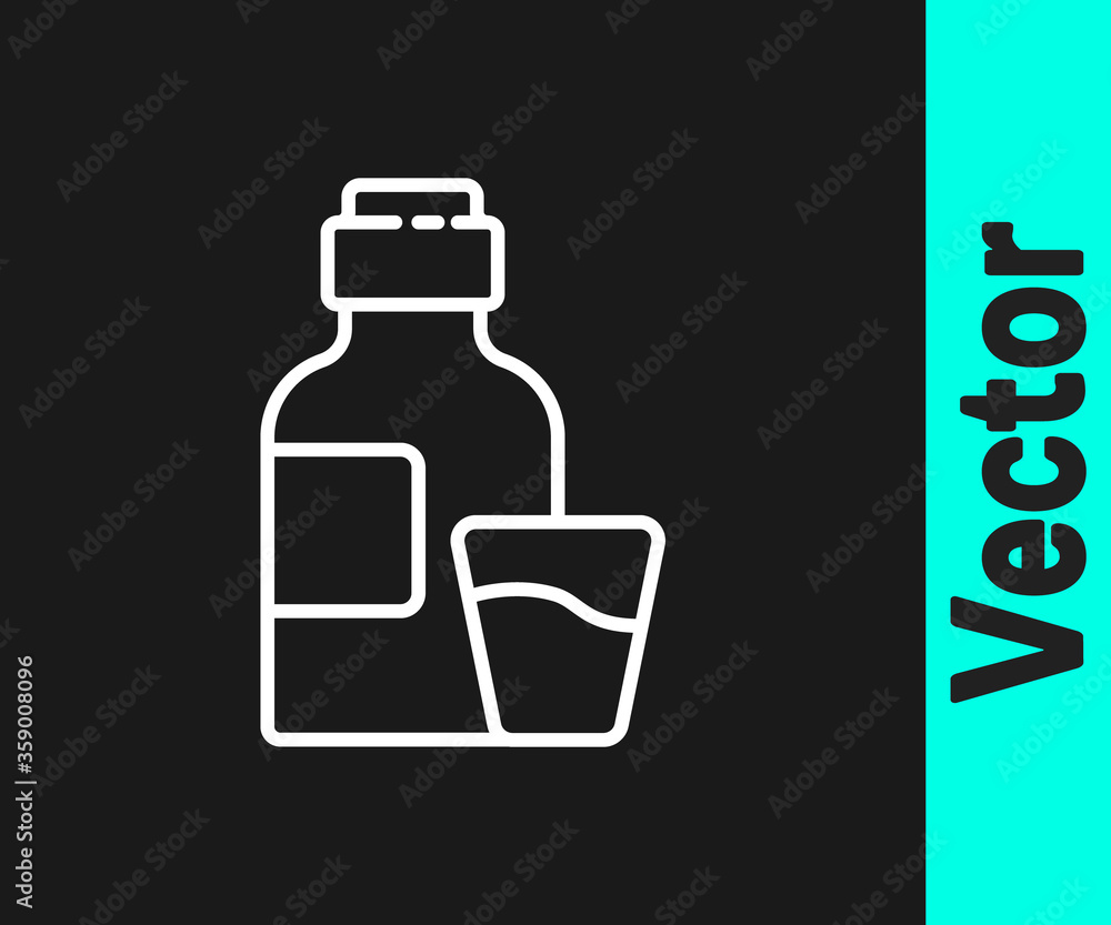 White line Bottle of medicine syrup and dose measuring cup solid icon isolated on black background. Vector Illustration. White line Bottle of medicine syrup and dose measuring cup solid icon isolated on black background. Vector Illustration.